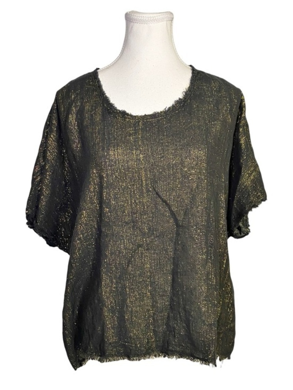 Raquel Allegra Metallic Gold Lurex Top | Black Linen Blend Raw Frayed Hem